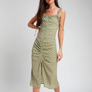 Lulus Carlee Sage Green Polka Dot Ruched Midi Dress - Size S